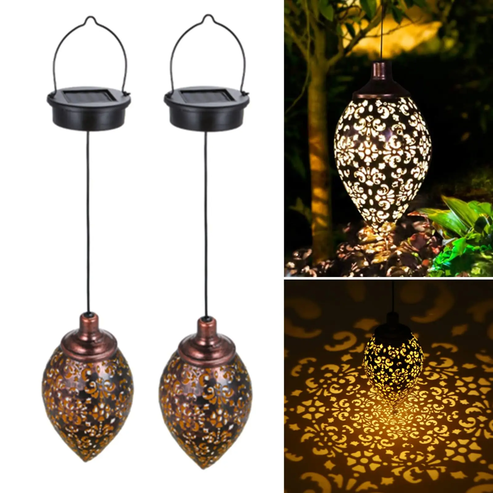 

2pc Hanging Solar-Powered LED Lanterns Waterproof Outdoor Metal Lamp Decor Solar Projection Light for Patio Garden Pathway Tree