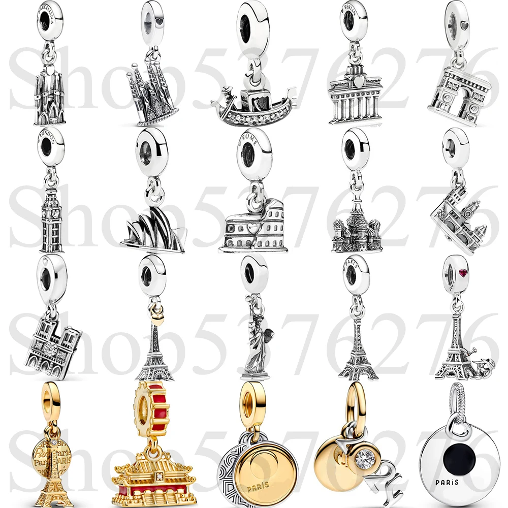 

925 Sterling Silver Bead Big Ben Roman Colosseum Charles Bridge Pendant Charm Fit Fashion Women Bracelet Bangle Gift DIY Jewelry