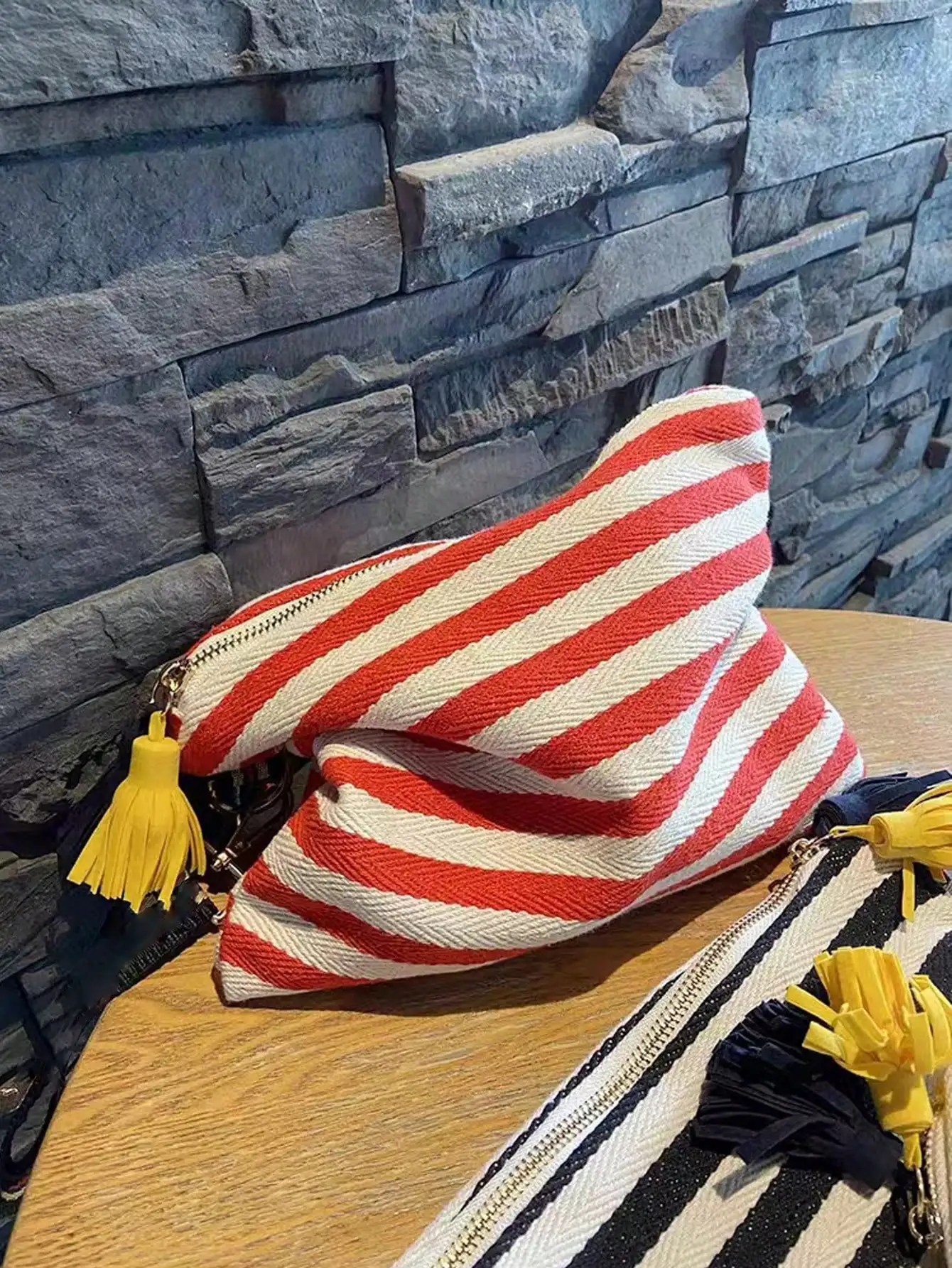 Striped Tassel Makeup Bag Zipper Canvas Makeup Bag Travel Split Large Capacity Cosmetics Storage Bag Women