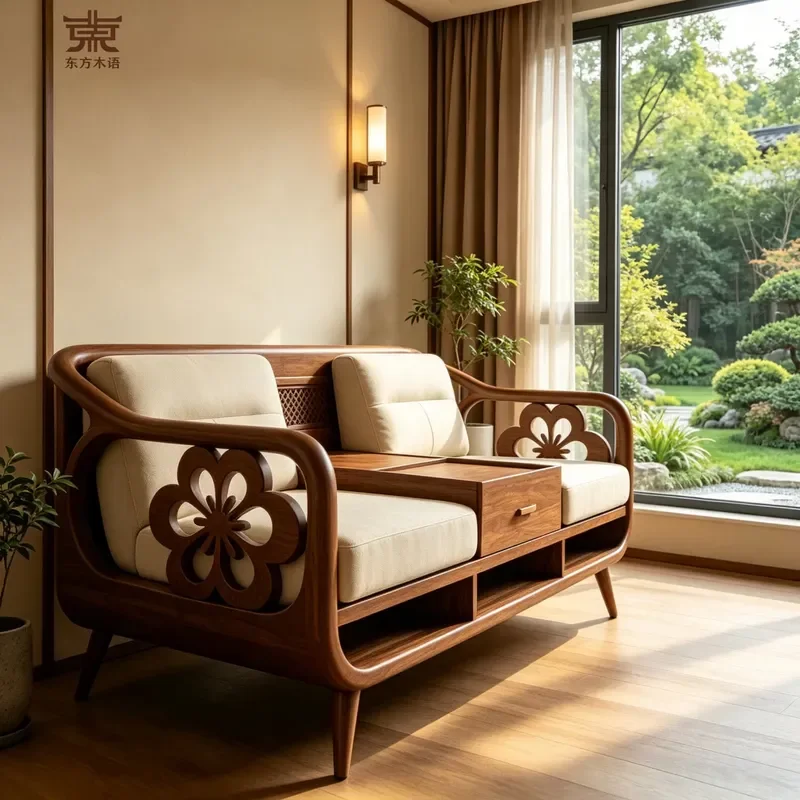 New Chinese Style Black Walnut Solid Wood Straight Sofa Begonia Flower Design Modern Simple Song Aesthetics Removable