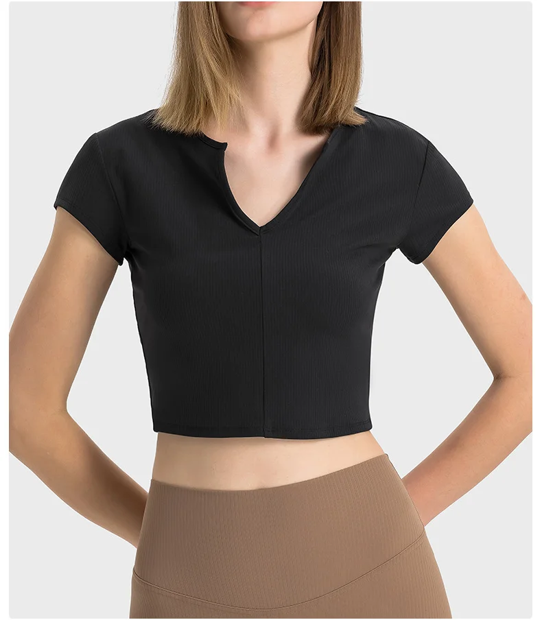 Striped ribbed open navel deep V-neck sports short sleeved T-shirt for women's fashion versatile outdoor sports fitness yoga top