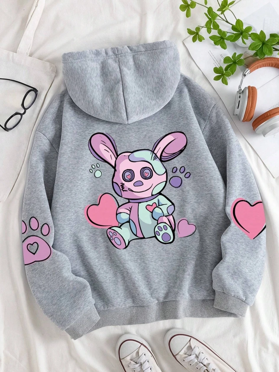 Hip Hop Street  Cute Rabbit Prints Female Sweatshirts Harajuku Fleece Hooded Fashion S-XXL Hoodies Loose Oversize Tops Women