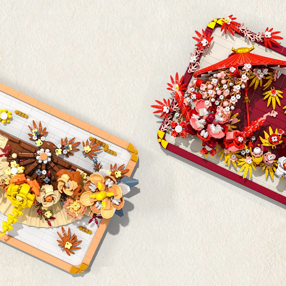Idee Mini Block Blume Gebäude Ziegel China 3D Foto Rahmen Fan Regenschirm Bau Modell Spielzeug Sammlung Für Mädchen Geschenke