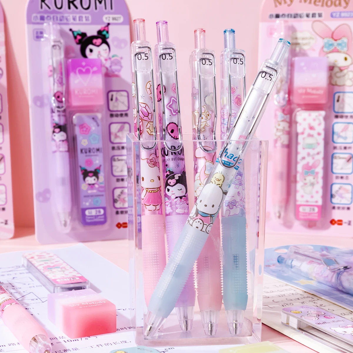 Kawaii Sanrio Student Mechanical Pencil 0.5mm Cute Kulomi School Stationery Mechanical Pencil Set Melody Eraser Pencil Refill