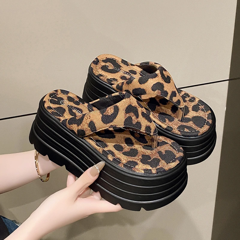 

8CM Women Leopard Chunky Slippers Summer Ladies Beach Flip-Flops Wedges Heels Outside Sandals Woman High Platform Bowknot Shoes