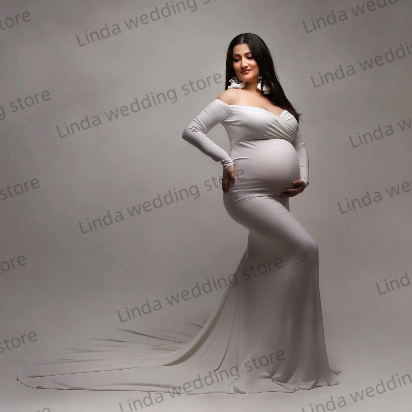 White Mermaid Maternity Dresses Simple Sweetheart  Long Sleeves Vestidos For Baby Shower Photoshoot Pros Pregnant Woman Gowns image 3