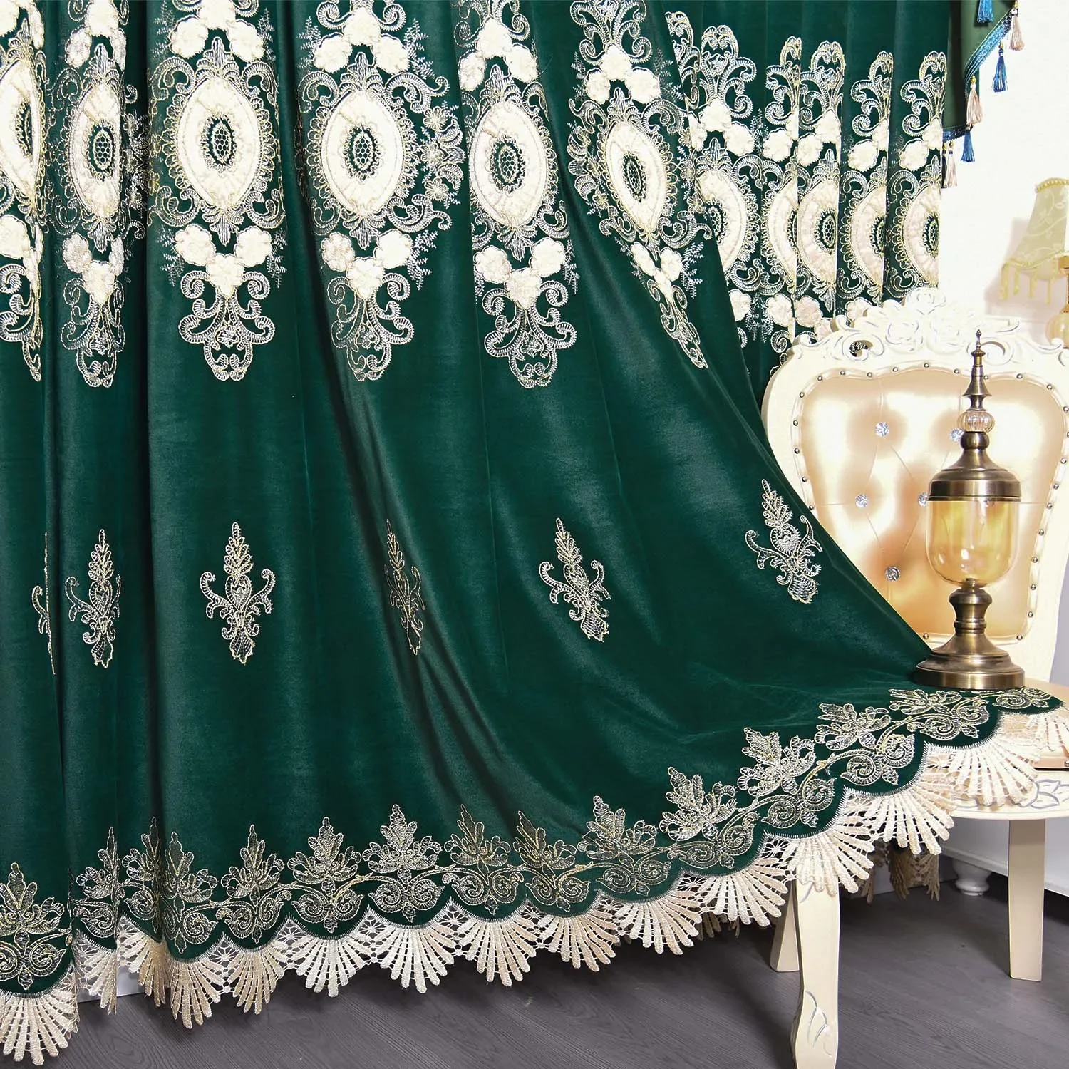 New European Style Curtains Living Room Simple European Decoration Style Dark Green Velvet Embroidery Bedroom Blackout Fabric