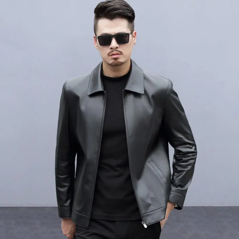 Waterproof Windproof Jacket Stylish Men's Slim Fit Faux Leather Biker Jacket with Zipper Pockets for Spring Autumn Vintage Lapel