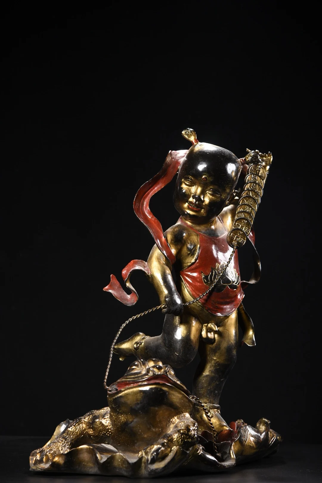 

19"Tibetan Temple Collection Old Bronze Cinnabar Gilding Painted LIU HAI PLAYS WITH GOLD TOAD Statue Amass wealth Ornaments