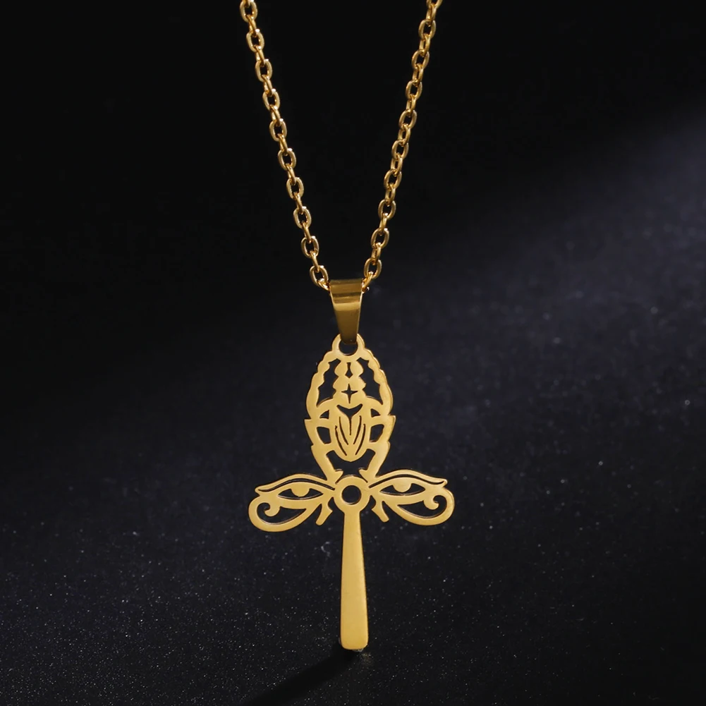 Lucktune Egyptian Ankh Cross Pendant Necklace Stainless Steel Horus Eye Scarab Amulet Necklace Women 2024 Vintage Jewelry Gift