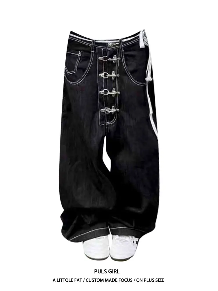 

Loose Wide Leg Jeans Women's High Waist Straight Cut Knife Design Washed out Aircraft Buckle Casual Trousers for Ladies