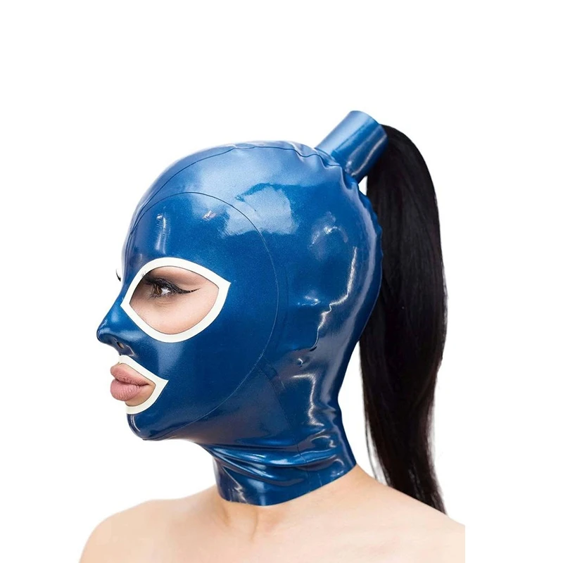 Latex Hoods with Hair Pigtail Blue Latex Rubber Mask Sexy Handmade Hood Back Zip Hairpieces Wigs Open Eyes Mouth With White Trim