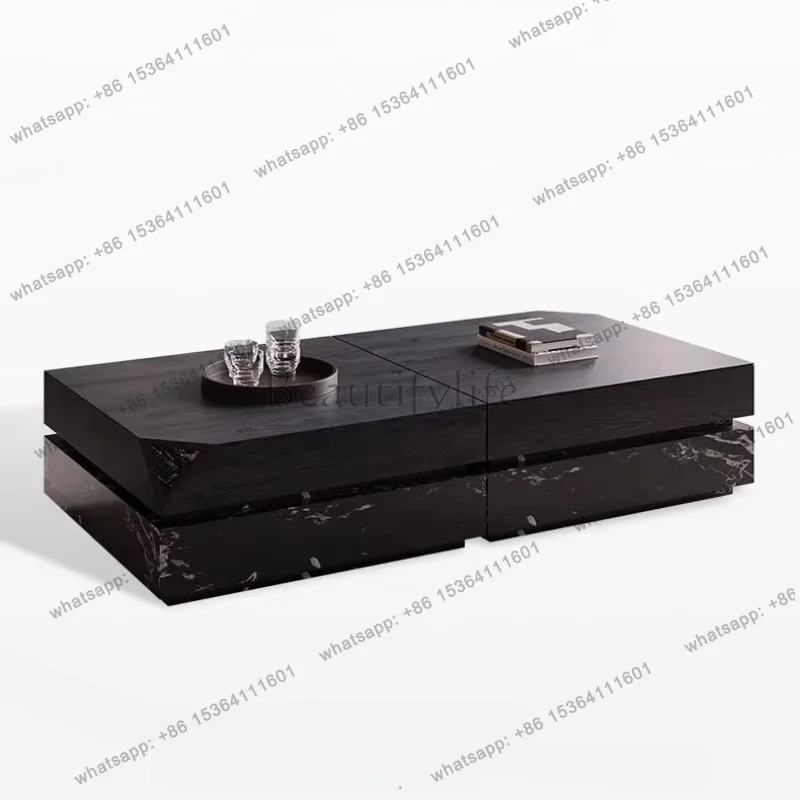 YJ Modern Natural Marble Coffee Table Black Rose Design Rectangle Wood Grain Living Room Center Table