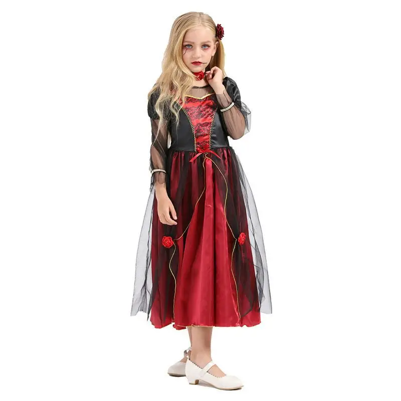 Halloween-Kinderen Vampiers Kleden Cosplay Kostuum Rood Vakantiefeest Lange Jurk Vrouw Kostuumbal Toneelkleding