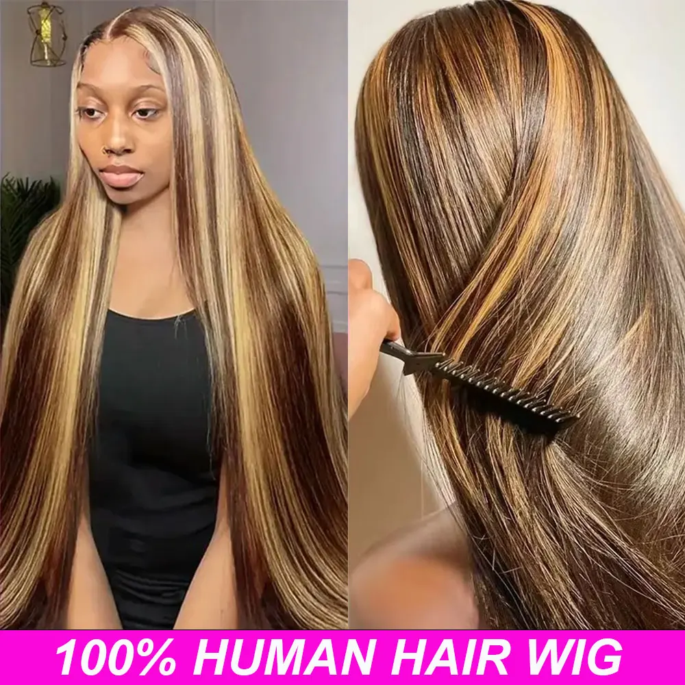 

13x6 Ombre Highlight Lace Front Wigs Human Hair with Baby Hair 4/27 Honey Blonde straight 13x4 HD Lace Frontal Wigs Human Hair