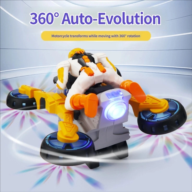 Kids Transforming Motorcycle Toy with LED Lights, Music, 360 Rotating Action and Obstacle Avoidance for Indoor Use A2UB