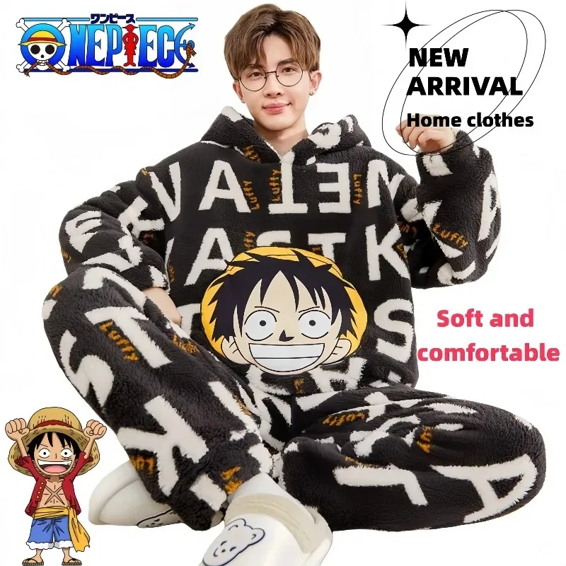 

Мужская пижама из кораллового флиса One Piece Luffy, осенне-зимняя, утолщенная, с капюшоном, персонализированная домашняя одежда с мультяшным принтом, подарок на день рождения