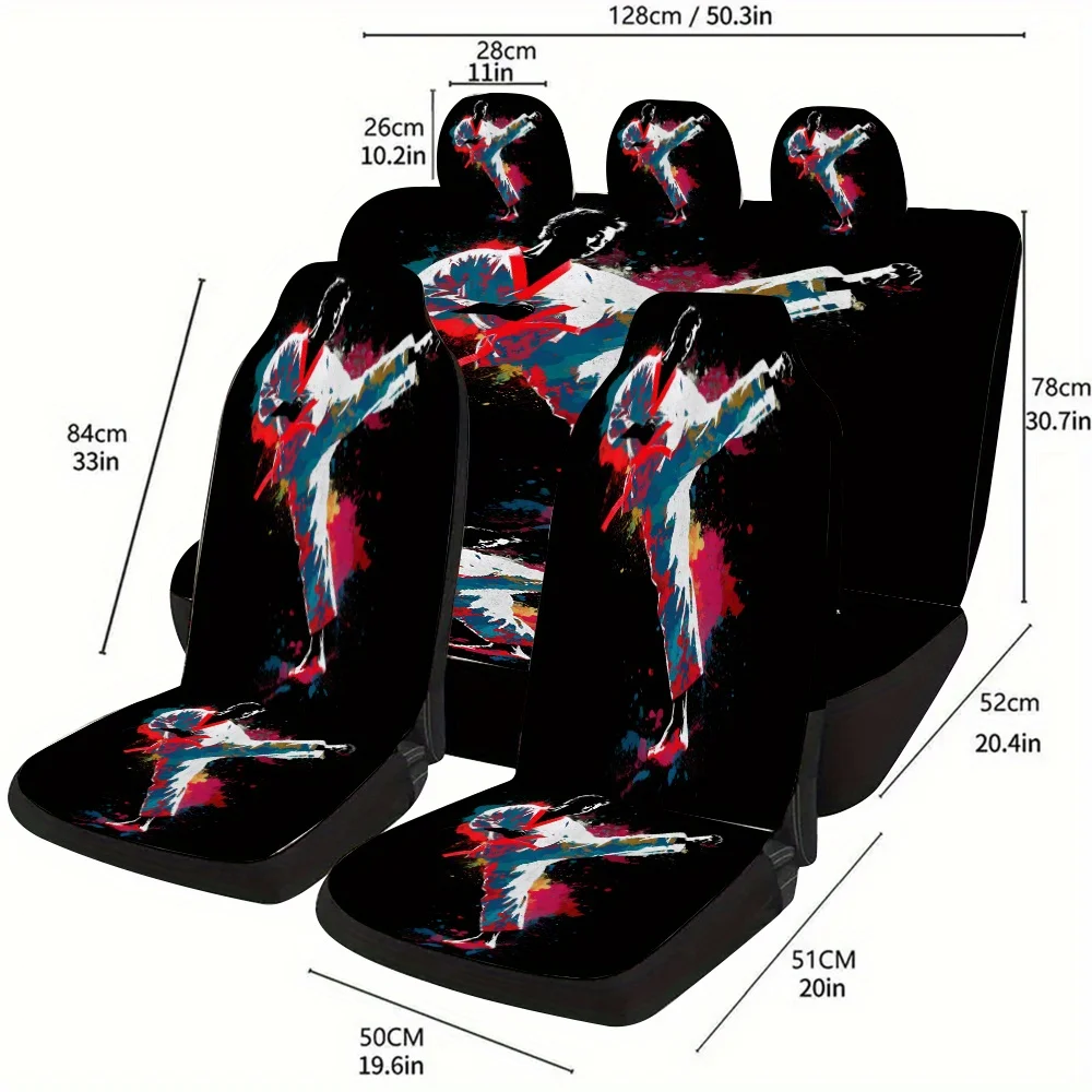 Taekwondo Fighter Mid-air Flying Kick Colorful Splash Background Theme Car Seat Cover Set, Suitable For Most Cars, Fashionable A