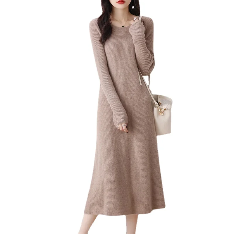 

Autumn Winter New Women High Elasticity Slim Dress 100% Merino Wool Warm Sweater Dress Basic Knit Pullover Female Casual Dresses