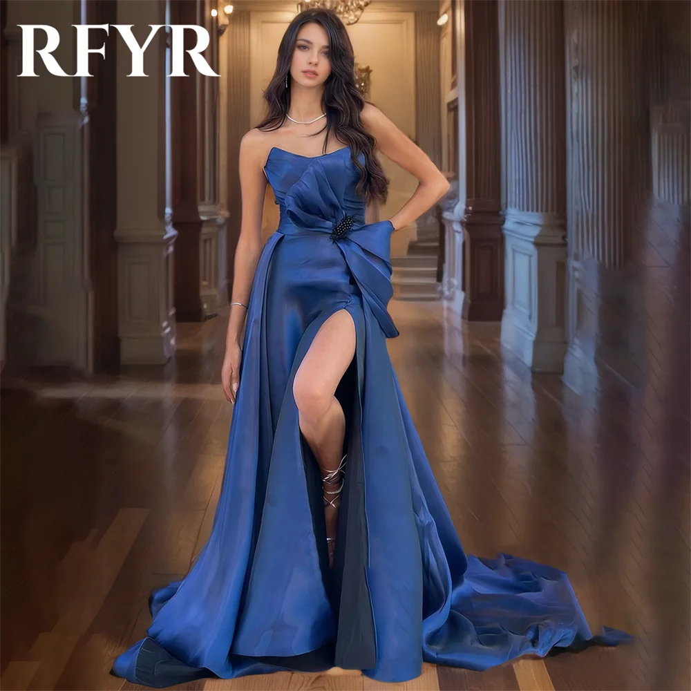 

RFYR Simple Blue Evening Dress for Party Satin Sleeveless Pleats Prom Gowns High Split Scoop A-Line Celebrity Dress Customized