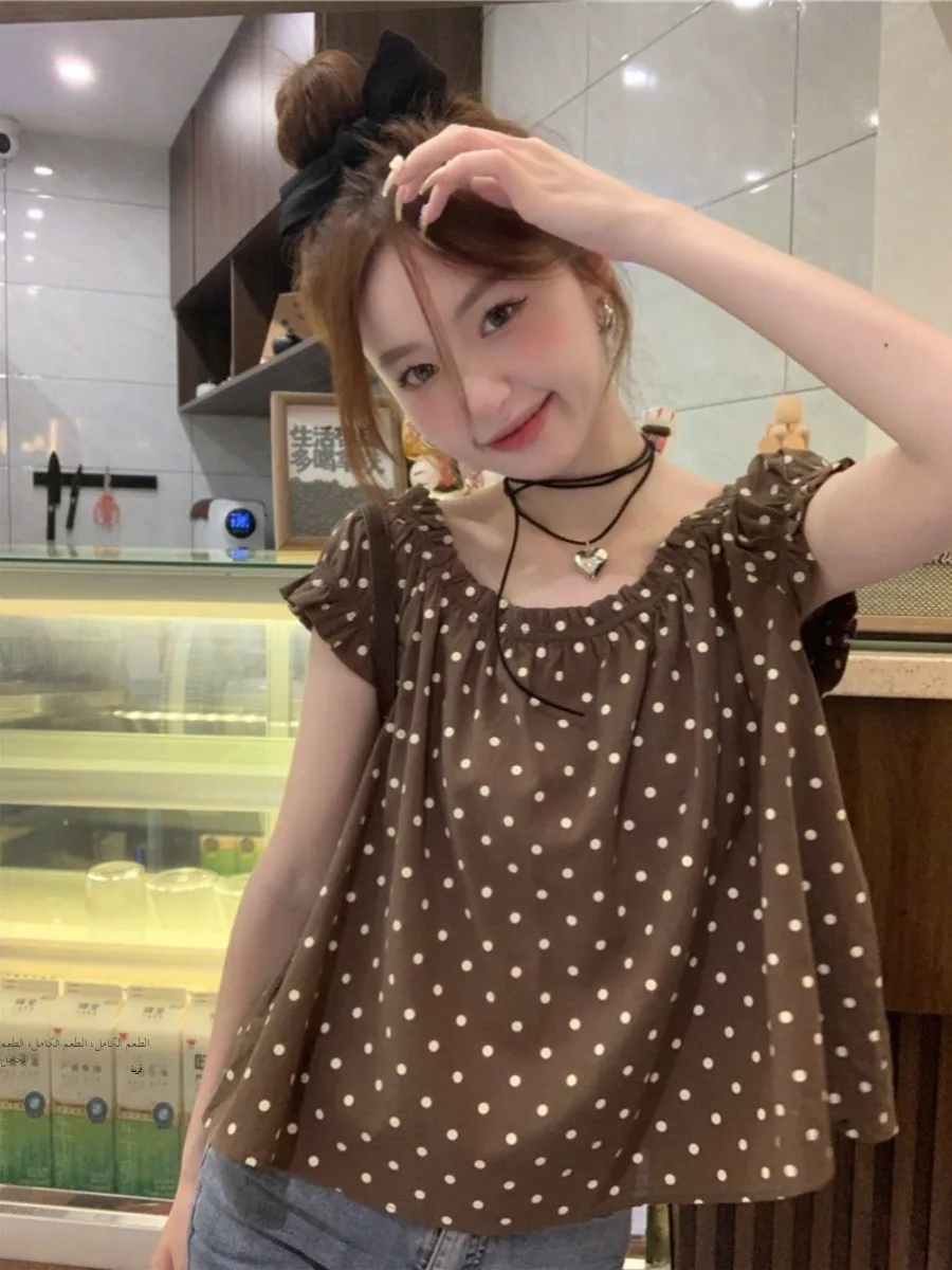 Korean Style Women's Shirt Summer 2026 New Casual Simple Loose Slimming Young Polka Dot Short Sleeve Top Commute Style Polyes...