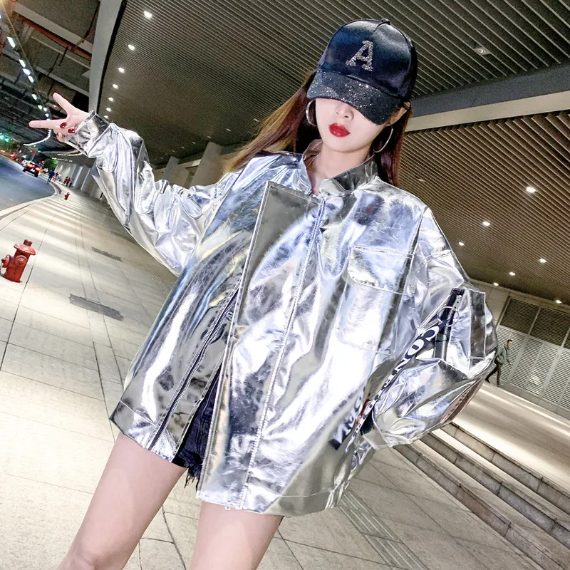 Spring Oversized Cool Silver Gold Blue Shiny Reflective Patent Pu Leather Jacket Women with Hood Unisex Y2K Clothes