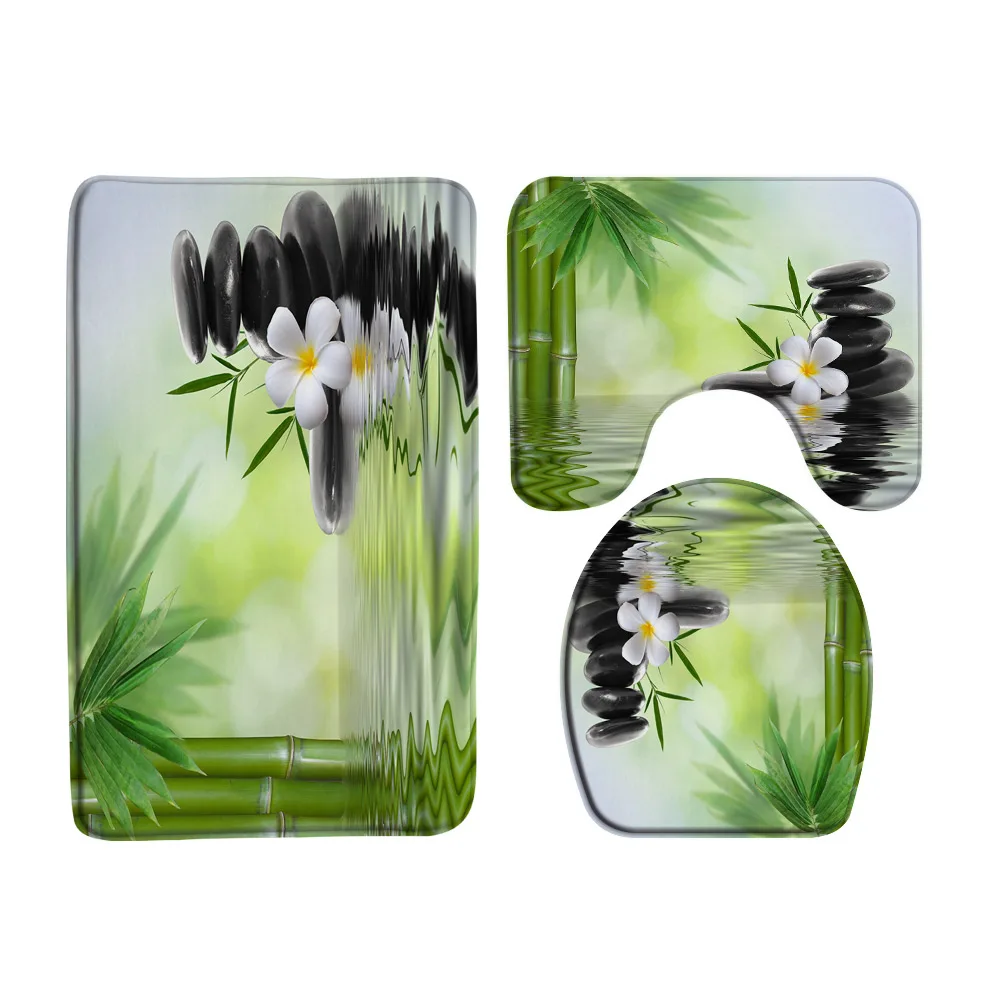 Zen Bath Mat Sets Green Bamboo Orchid Flower Plant Black Stone Spa Scenery Garden Bathroom Doormat Non-Slip Rug Toilet Lid Cover