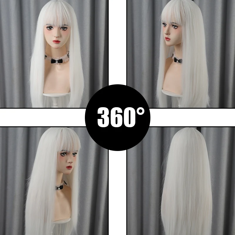 White straight wig with bangs women's synthetic wig natural and comfortable to wear simple daily party cosplay use