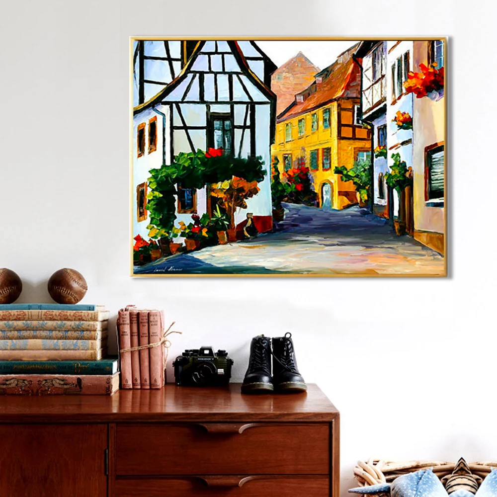 Wall Decor Painting Hand-Painted Beautiful European Town Architecture Painting on Canvas Street Landscape Modern Art Picture