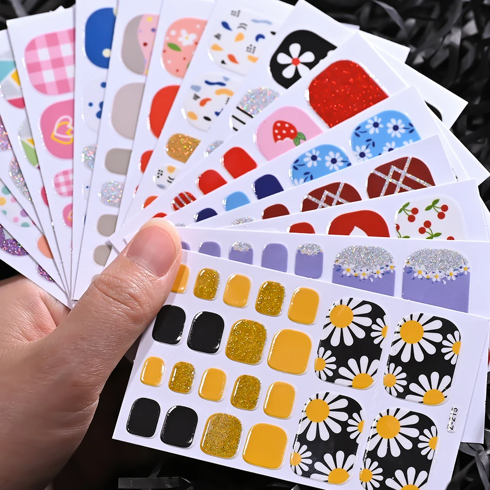 22tips Bakken Gratis Daisy Flower Teennagel Sticker Volledige dekking Teennagel Wraps Glitter Teennagellak Strips DIY Bloemen Voetstickers