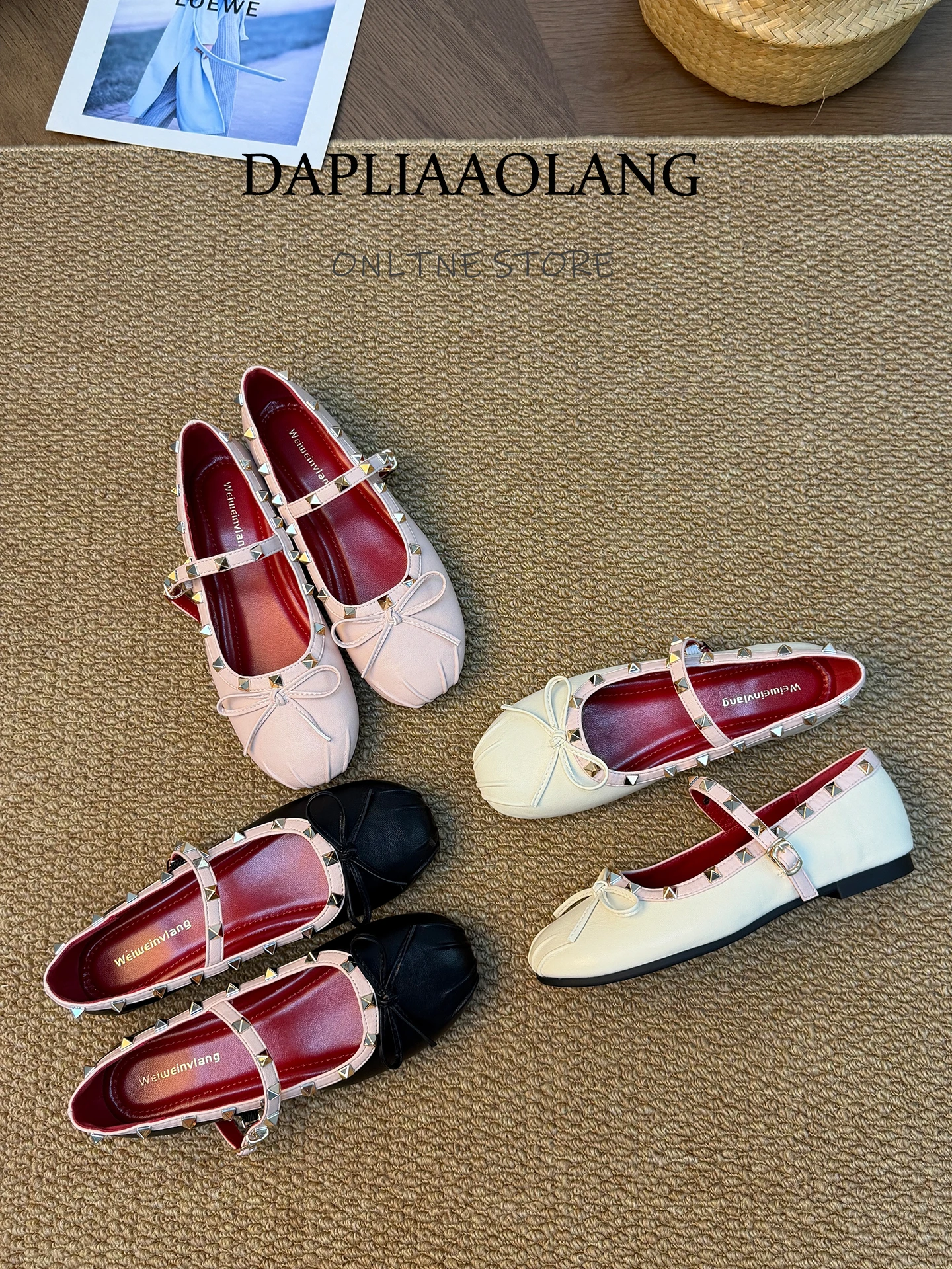 large-size-ballet-flat-shoes-women's-summer-rivet-embellished-mary-janes-knot-slip-on-round-toe-leather-interior
