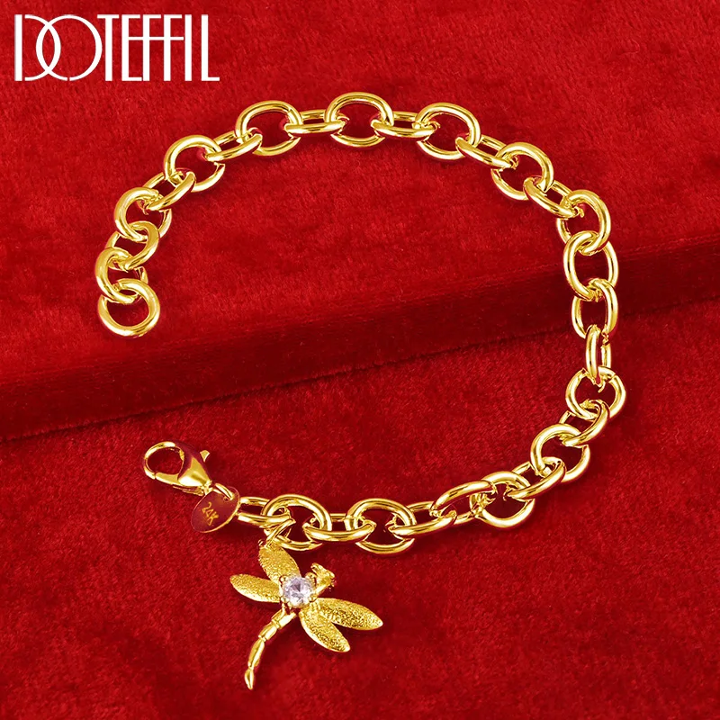 DOTEFFIL 18K Gold 925 Sterling Silver Dragonfly Pendant Bracelet For Woman Wedding Engagement Fashion Charm Party Jewelry