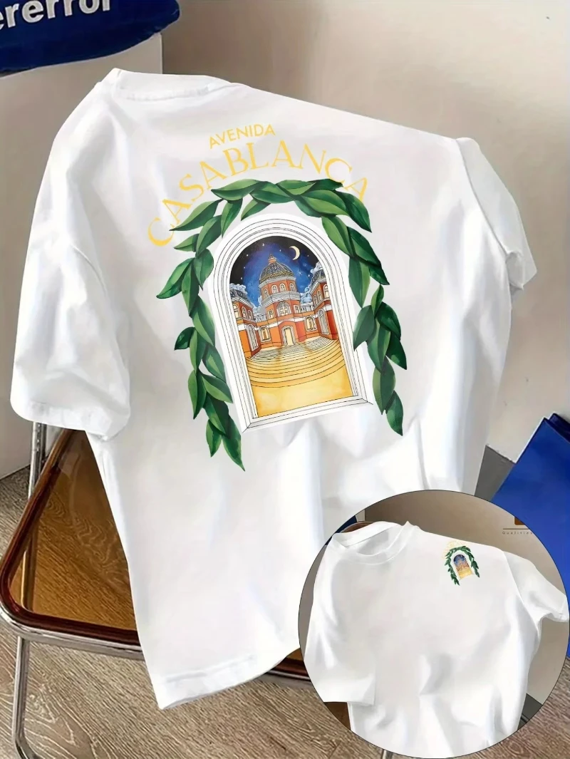 Casablanca Avenue Villa Graphic T-shirt voor heren, luxe streetwear T-shirt met korte mouwen in vakantiestijl