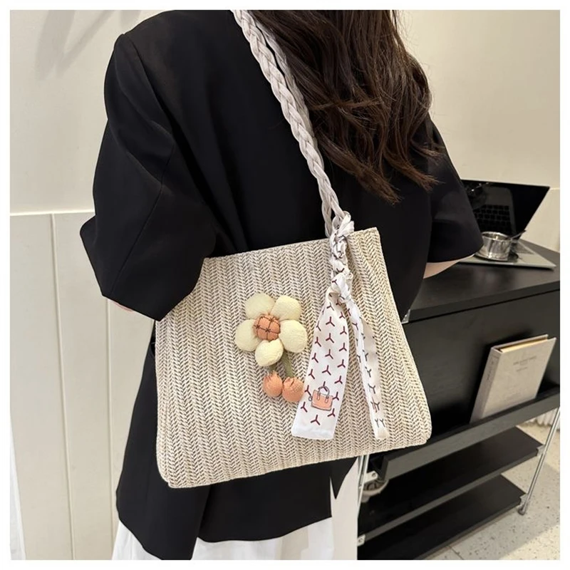 Summer Beach Trend Straw Shoulder Bags Popular Hit Color Handbags for Women 2023 New Designer Zipper Matching Student  Tote Bag