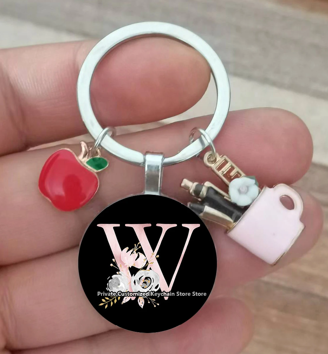 

DIY Charm Penholder Teacher's Day Gift Keychain, Simple Black A-Z Letter Pattern Glass Convex Circular Keychain