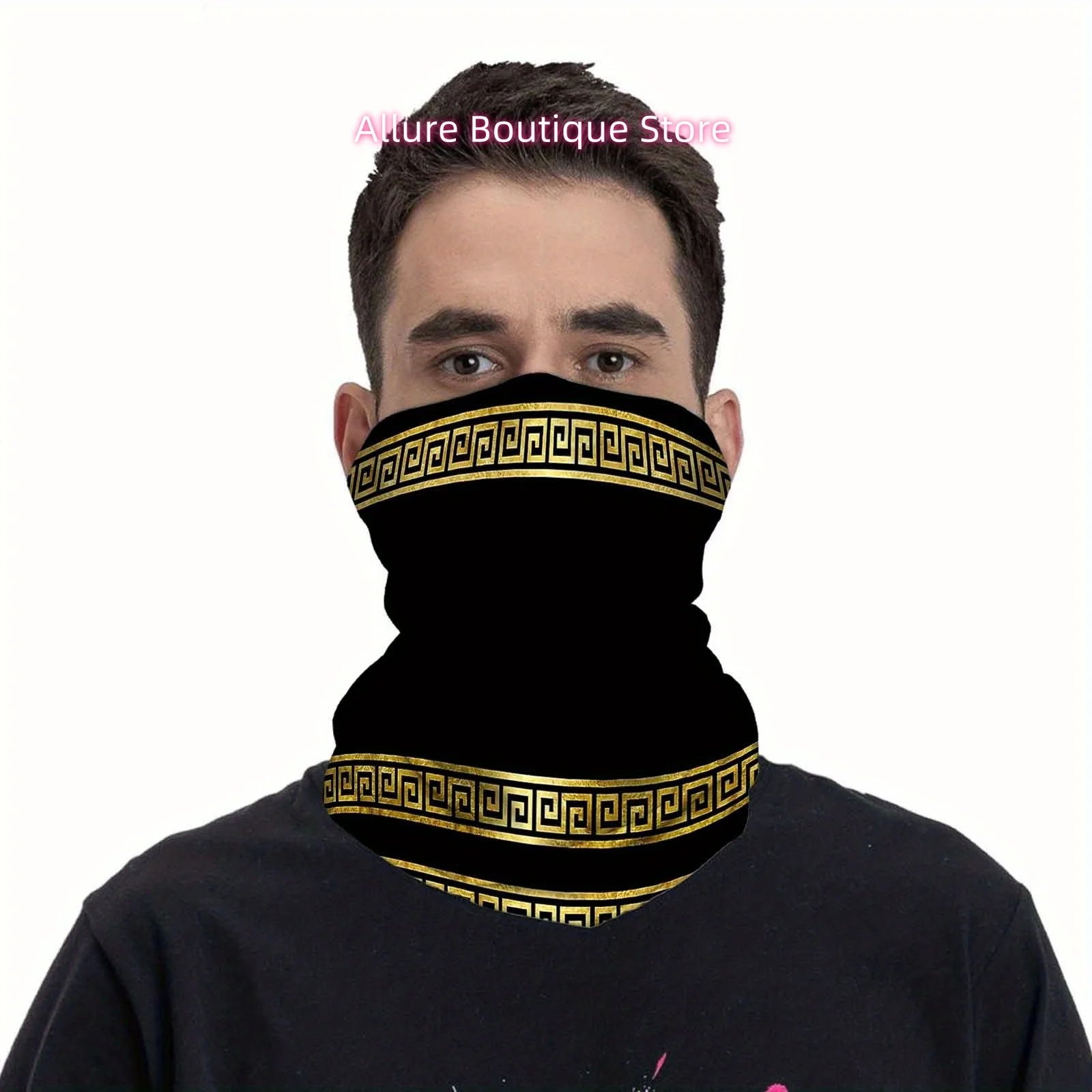 Golden Greek Key Pattern, Black Background, Vertical Design Print Scarf, Multi-Functional Mask And Neck Mask, Suitable for Outdo view 3