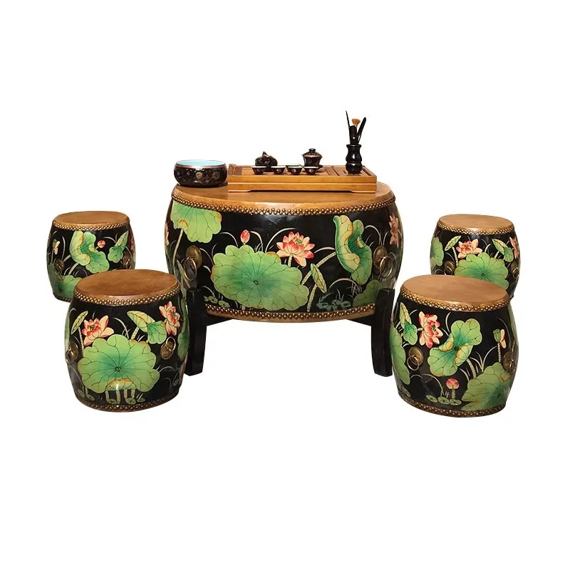 Drum stool, new Chinese solid wood drum  drum pier, antique cowhide