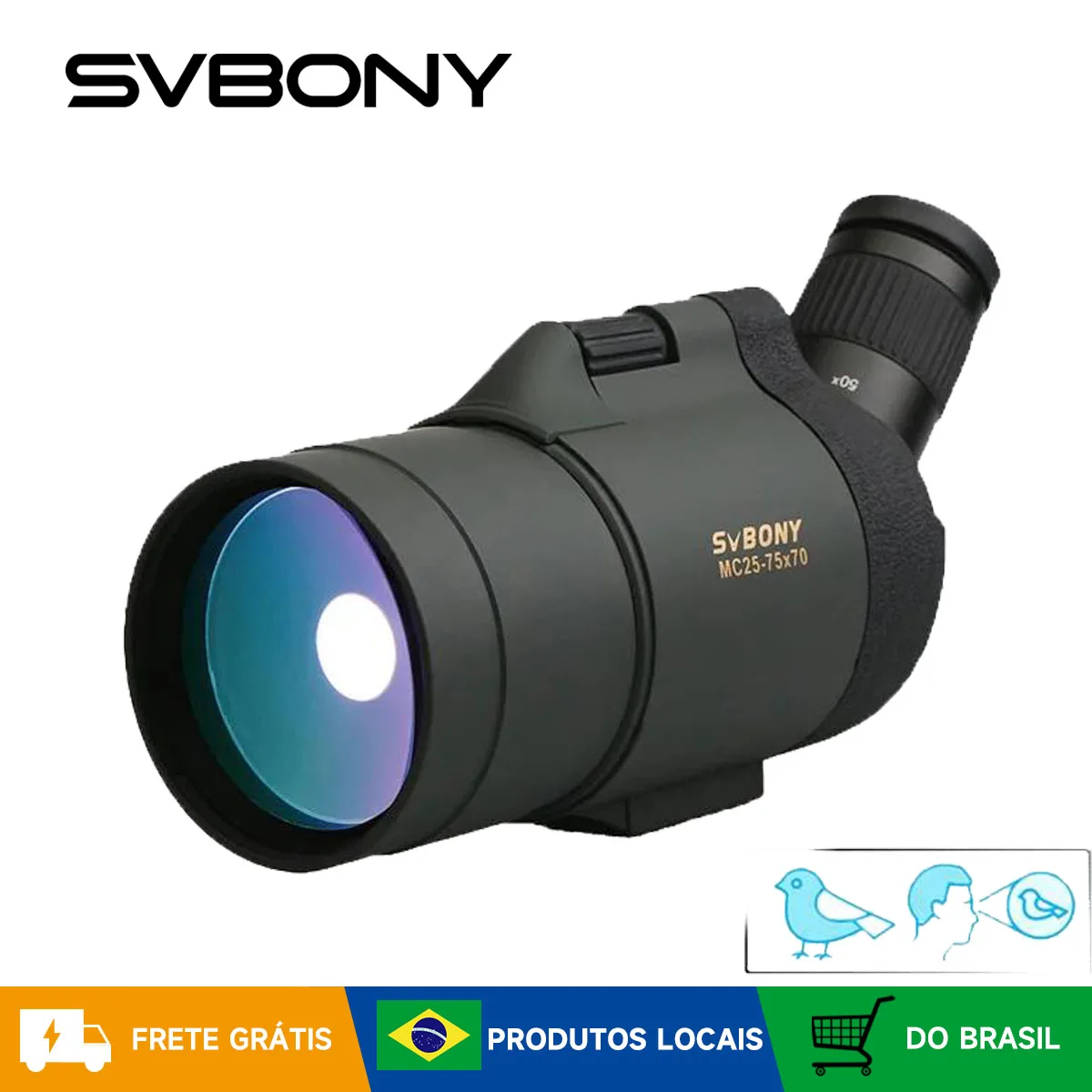 Telescópio astronômico Svbony SV41 Spotting Scope 25-75x70 MAK poderoso equipamento de acampamento FMC BAK4 para observação de pássaros