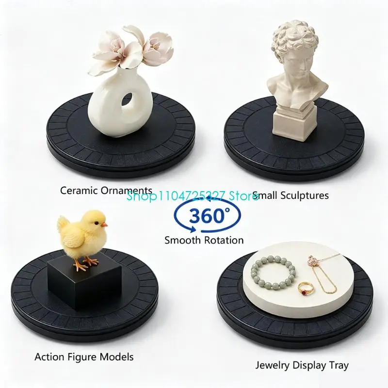 D8KF 4-Piece Plastic Rotating Turntable Display Stand Set, Black Round Platform for Smooth, Quieter Multi-Angled Object