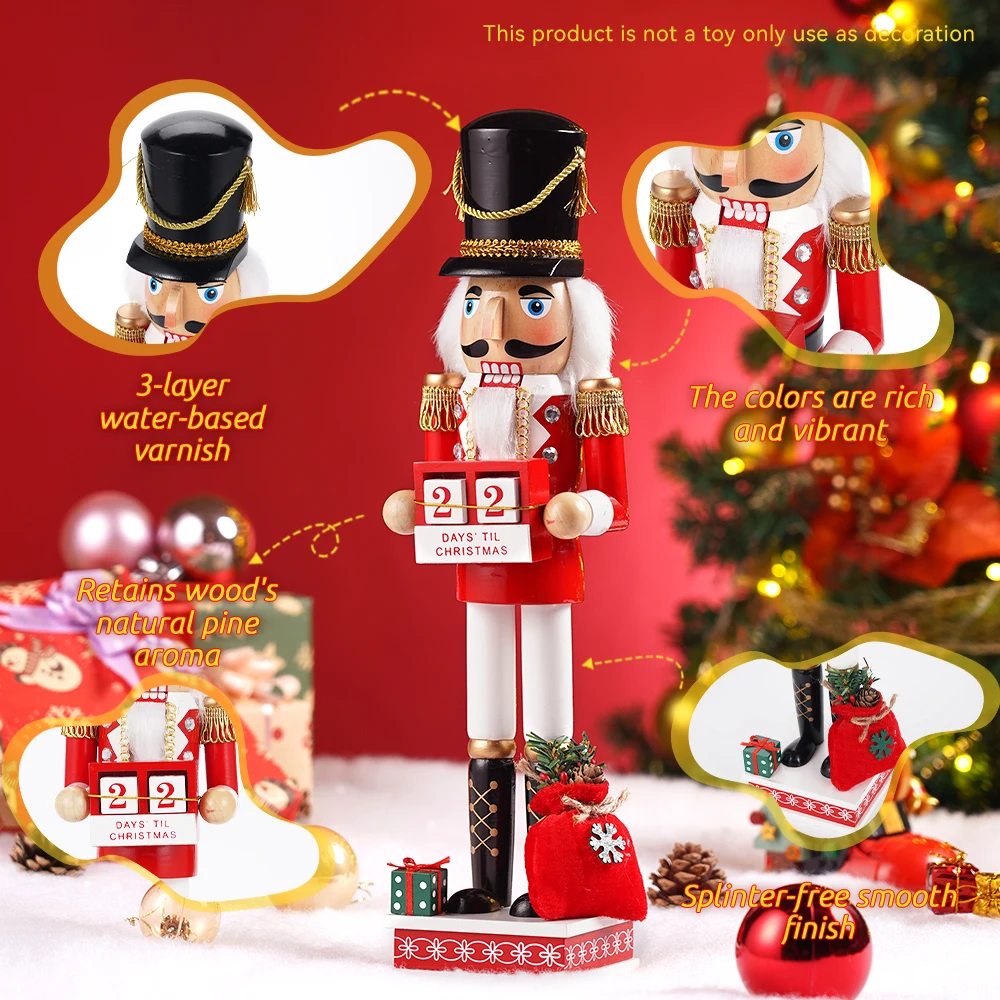 40CM Christmas Nutcracker Soldier Walnut Calendar Decorative Item Wooden Handicraft Home Office Festival Decoration