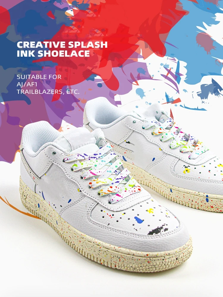 Schuhbänder mit Tintenspritzer-Motiv für Sneaker, flache, goldfarbene, farbenfrohe, handbemalte Basketball-Schnürsenkel – Detail 1