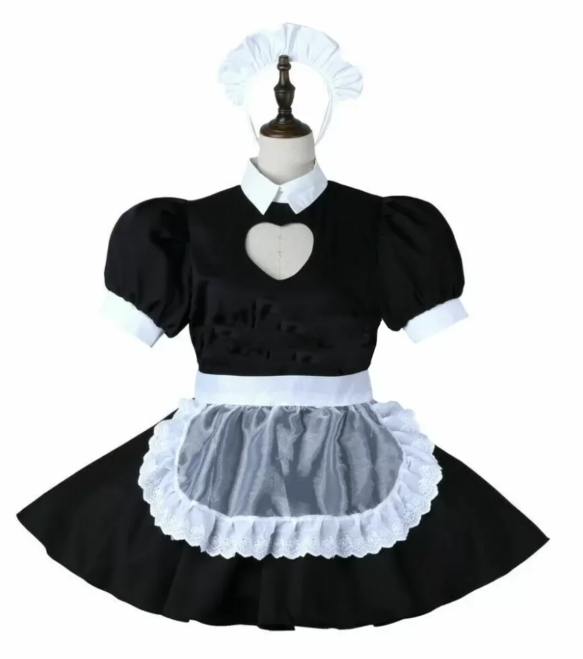 French Sissy Crossdresser Party Girl Lockable Cute Black and White Mosaic Satin Shoulder Tie Apron Lace Ruffle Dress Customizati