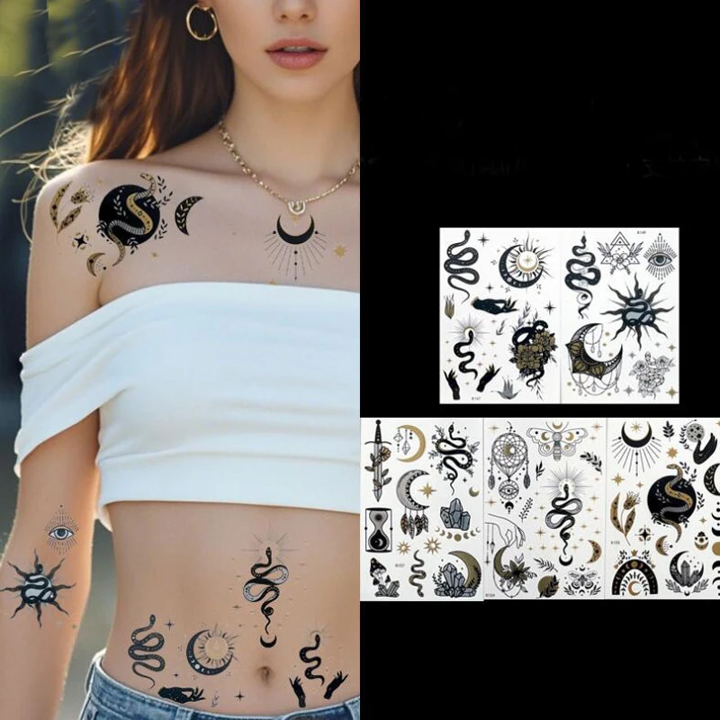 5pcs/set Gold Silver Snake Tattoo Stickers Waterproof Temporary Body Art Tattoo Decals Transfer Fake False Tattoos Tattoo Art