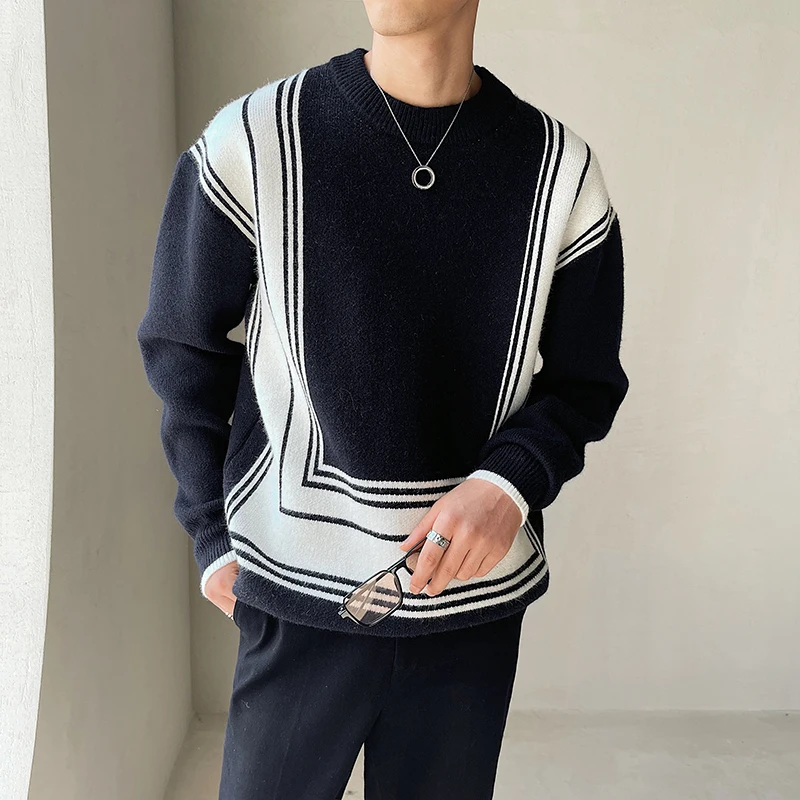 Sweaters Men Fashion Casual Streetwear Autumn Winter Contrast Color Warm Retro Simple Pullovers Korean Style Male Knitting Daily