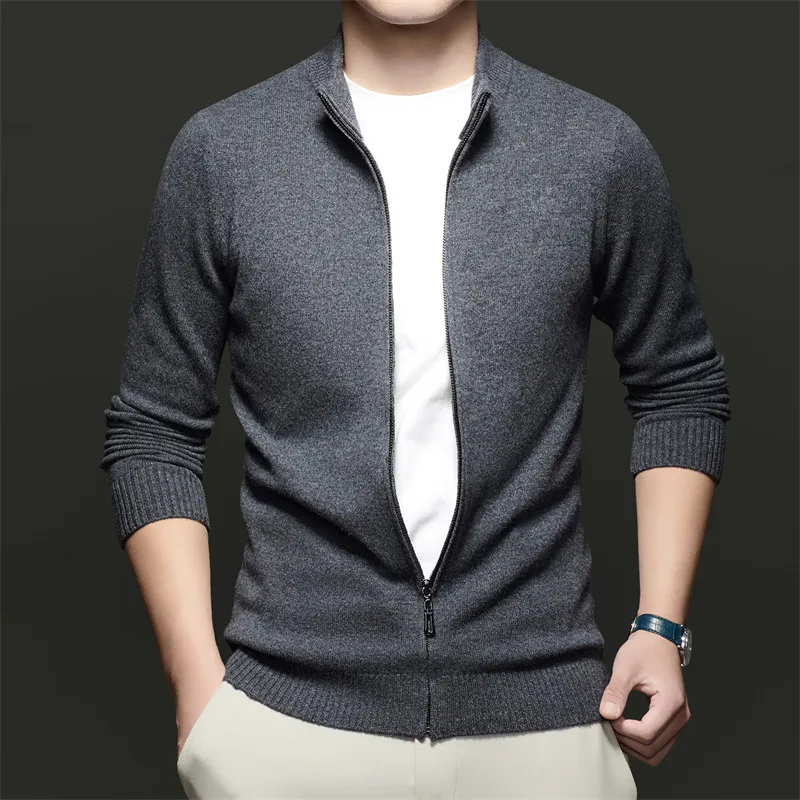 ٪ ميرينو الصوف الرجال سترة طويلة الأكمام سترة صوف الخريف الشتاء جديد الوقوف طوق بلون سترة ملابس خارجية سميكة