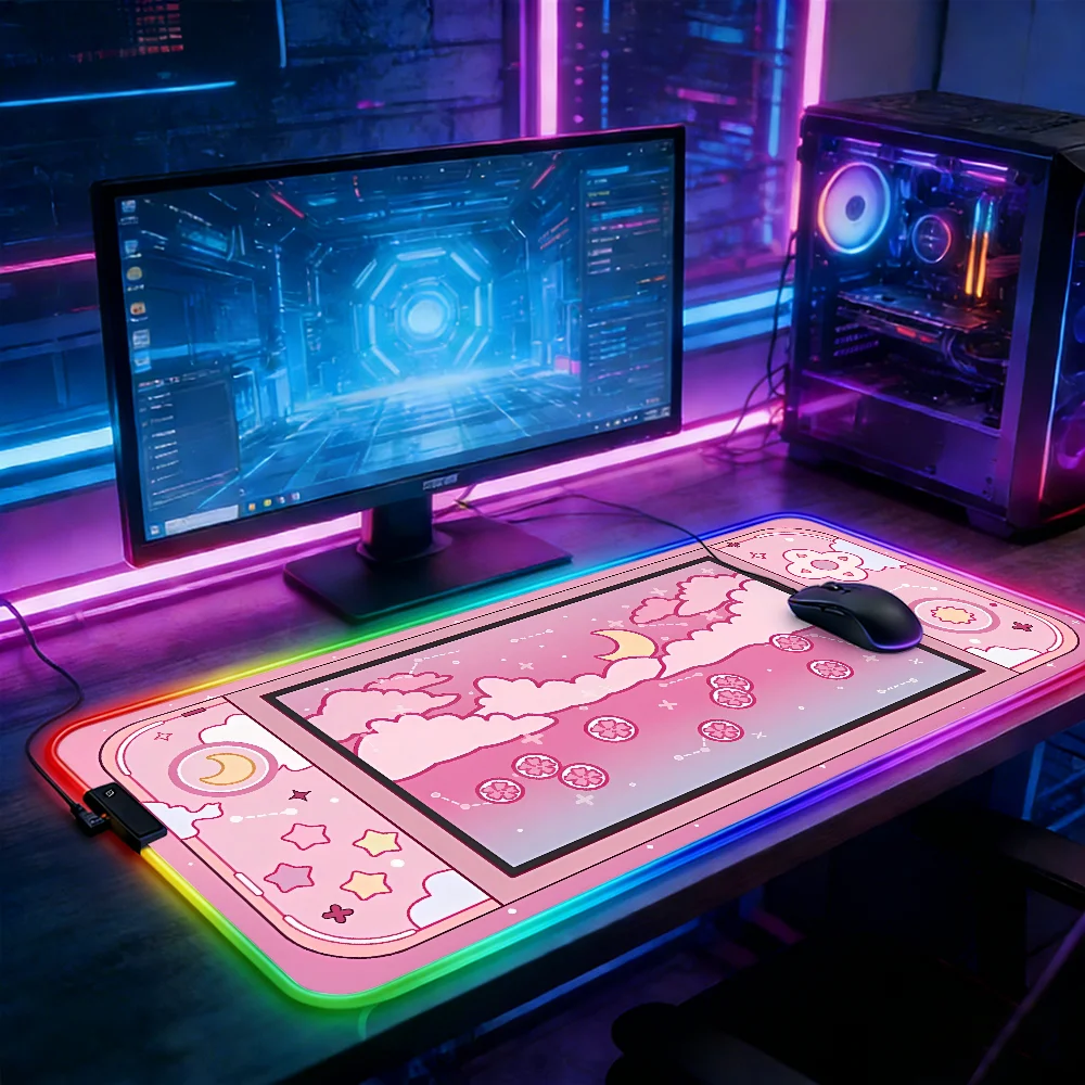LED Lighting RGB Mouse Pad E-sports Game Keyboard Pad Table Mats Pink Moon Game Console Laptop Accessories Deskmat Mousepad Pc
