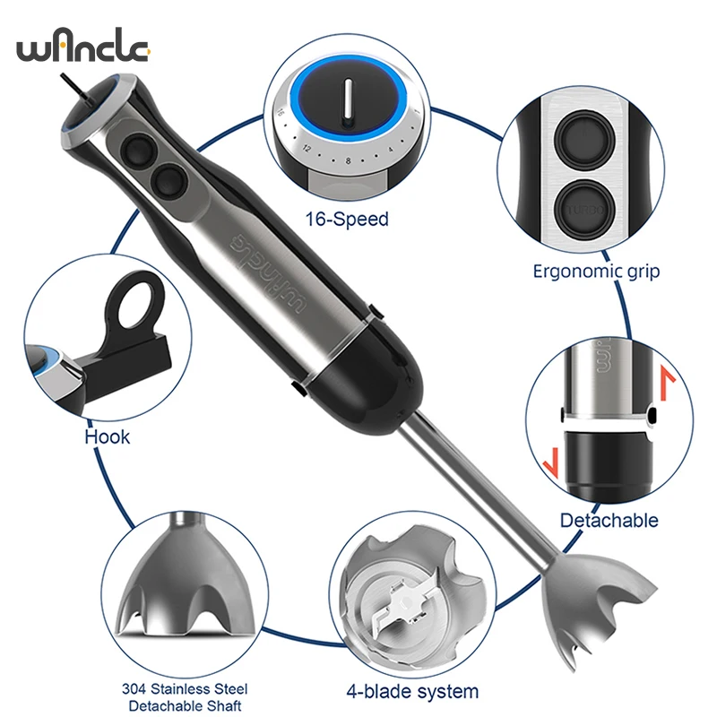 Электрический ручной миксер 1000 Вт, мощный погружной ручной блендер 4 в 1, 16 скоростей, регулируемый для протеиновых коктейлей, взбитых сливок