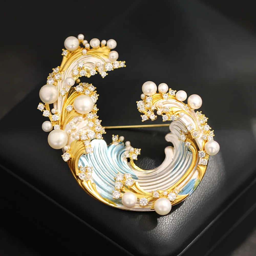 Heavy Industry Light Luxury Three Dimensional Dripping Oil Blue Wave Brooch High-end Natural Freshwater Pearl Women's Accessorie