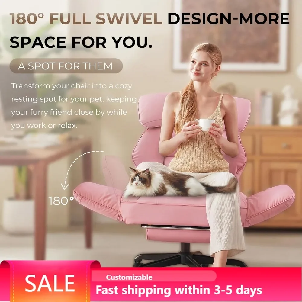 Dowinx Cross Legged Office Chair Pivoting Armrests Pocket Spring Seat Back Reclining Gaming Chair Footrest Metal Base Pink