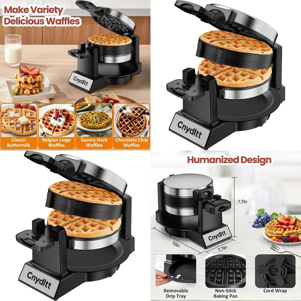 

Вращающаяся вафельница на 8 порций с антипригарным покрытием, 1400 Вт, 180° ° Откидная крышка, съемный поддон, фиксирующие ручки, черный цвет